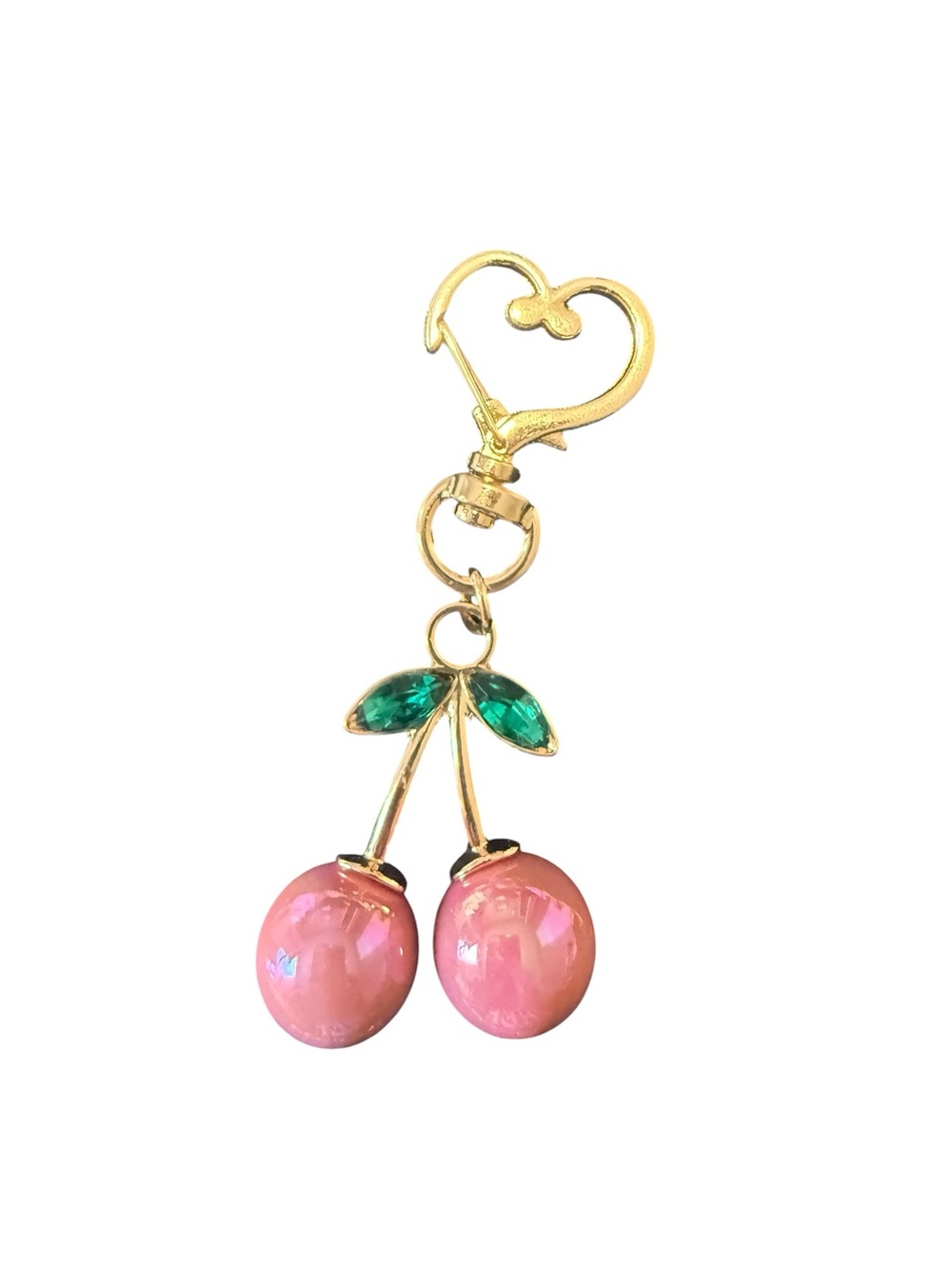 Gold-Tone Cherry Brooch Pin with Pink Enamel Berries and Green Crystal Leaves